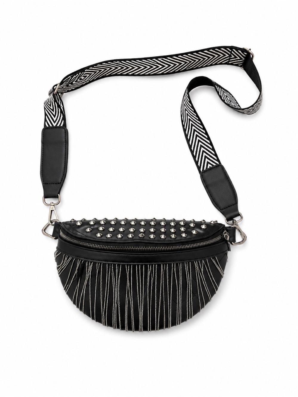 Black Fringe Crossbody Bag with Studded Detail